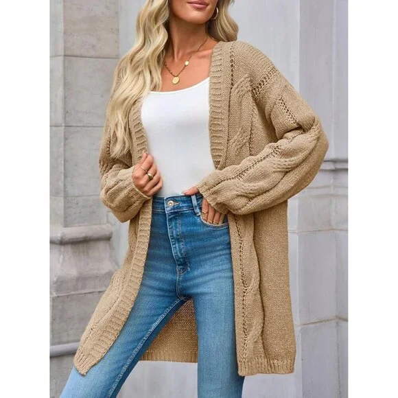 Womens Cable Knit Long Cardigan Loose Fit Fall Sweater Open Front Casual - Picture 2 of 5